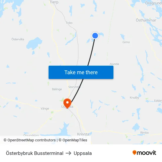 Österbybruk Bussterminal to Uppsala map
