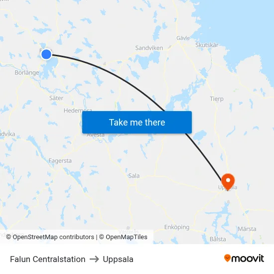 Falun Centralstation to Uppsala map