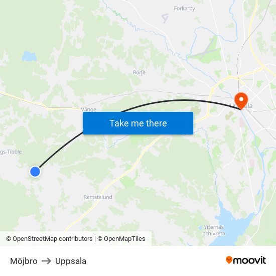 Möjbro to Uppsala map