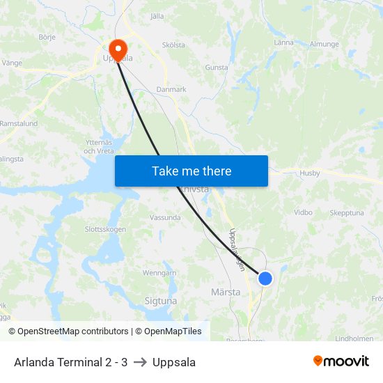 Arlanda Terminal 2 - 3 to Uppsala map