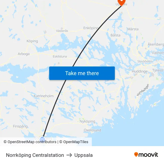 Norrköping Centralstation to Uppsala map