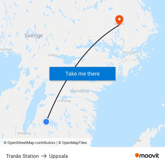 Tranås Station to Uppsala map