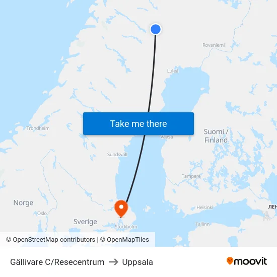 Gällivare C/Resecentrum to Uppsala map