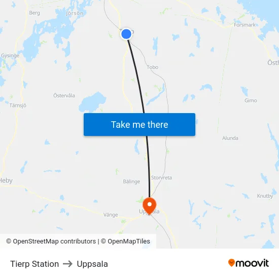 Tierp Station to Uppsala map