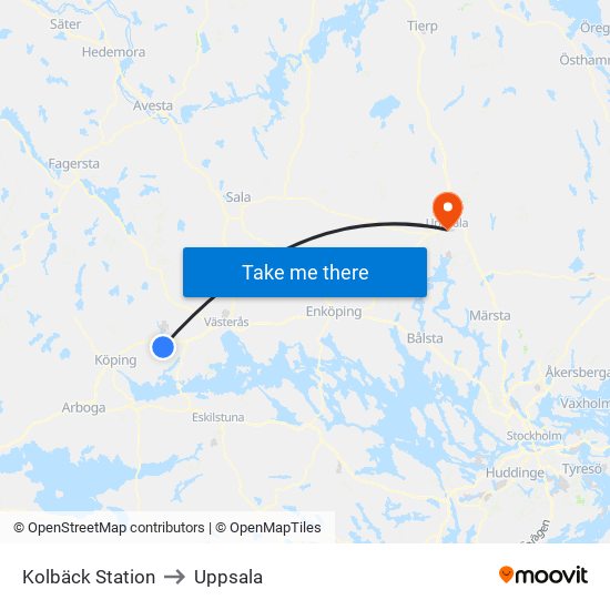 Kolbäck Station to Uppsala map