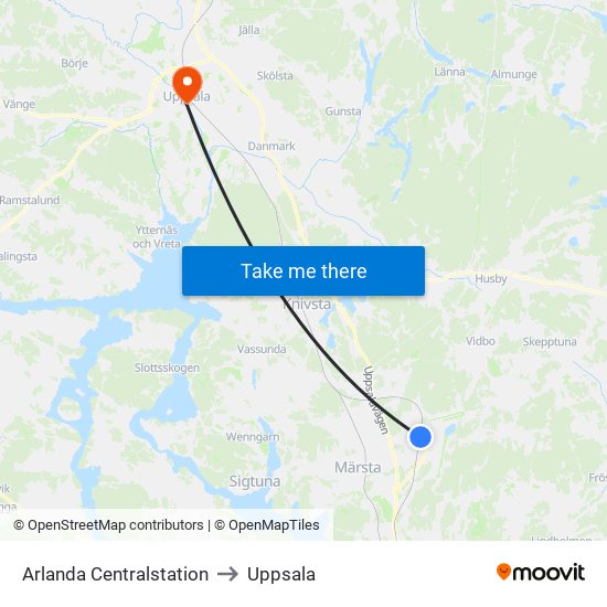 Arlanda Centralstation to Uppsala map