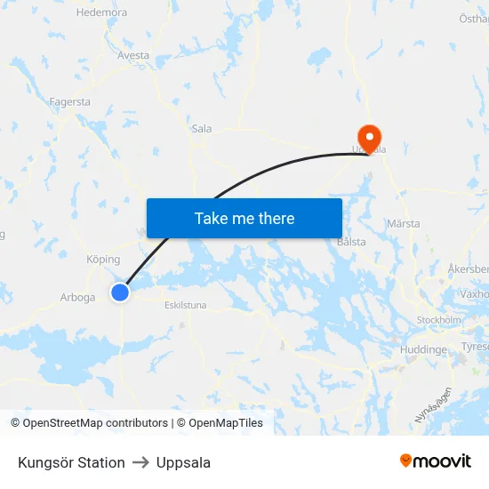 Kungsör Station to Uppsala map