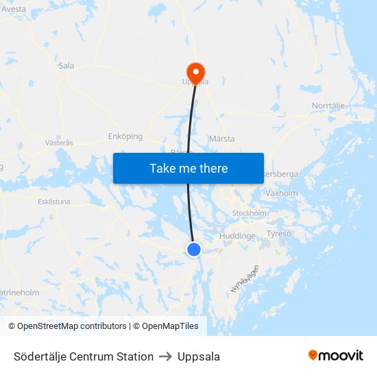 Södertälje Centrum Station to Uppsala map