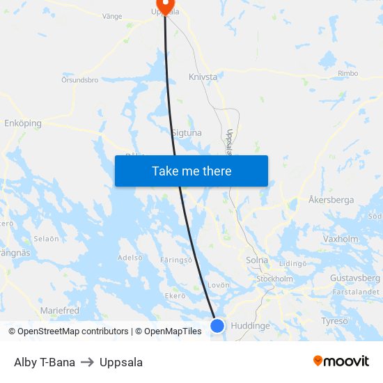 Alby T-Bana to Uppsala map