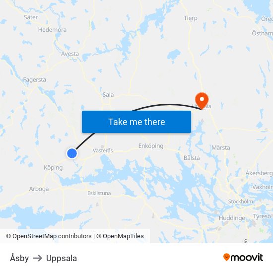 Åsby to Uppsala map
