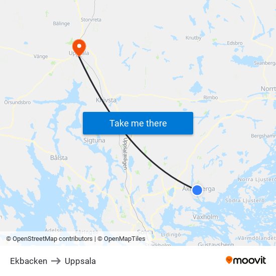 Ekbacken to Uppsala map