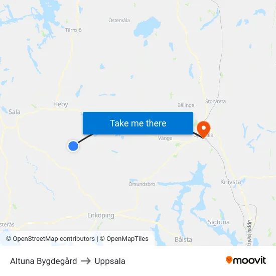 Altuna Bygdegård to Uppsala map