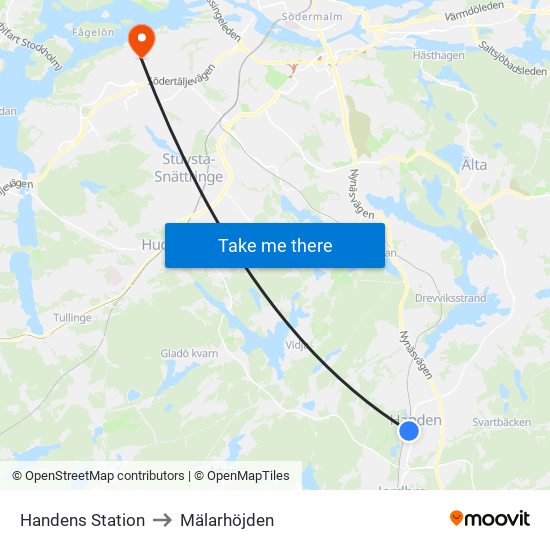 Handens Station to Mälarhöjden map