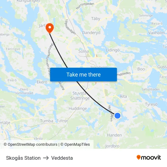 Skogås Station to Veddesta map