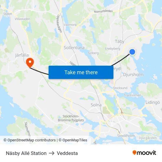 Näsby Allé Station to Veddesta map