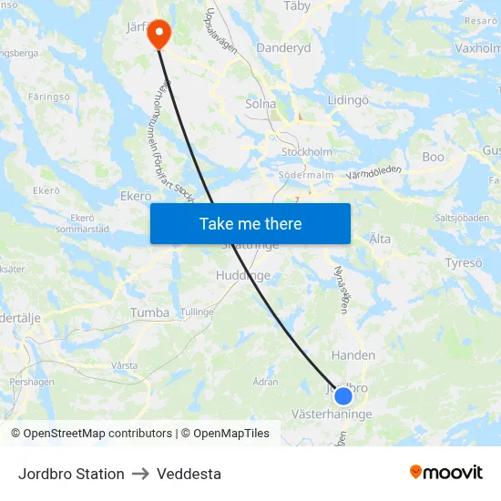 Jordbro Station to Veddesta map