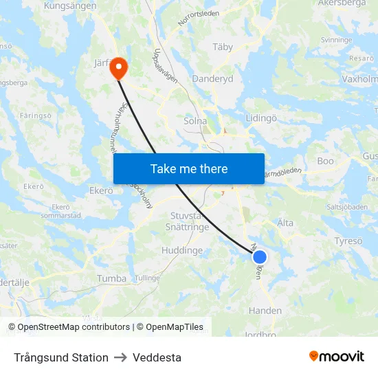 Trångsund Station to Veddesta map