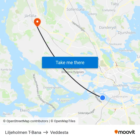 Liljeholmen T-Bana to Veddesta map