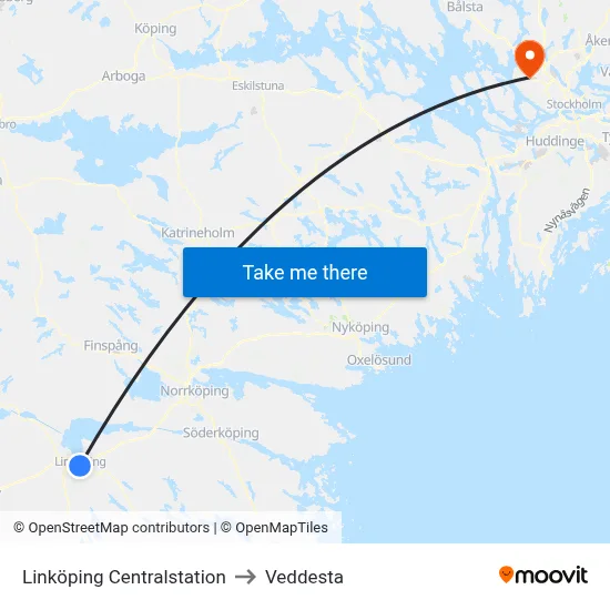 Linköping Centralstation to Veddesta map