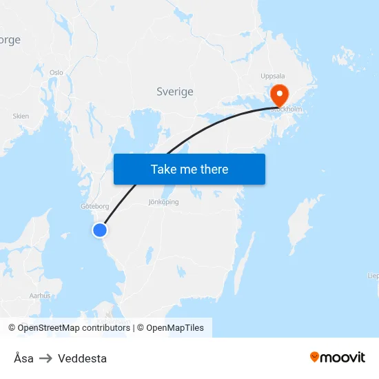 Åsa to Veddesta map