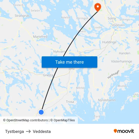 Tystberga to Veddesta map