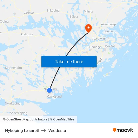 Nyköping Lasarett to Veddesta map