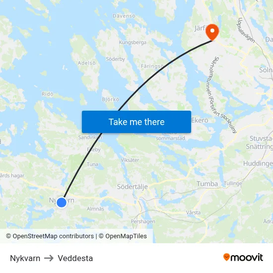 Nykvarn to Veddesta map