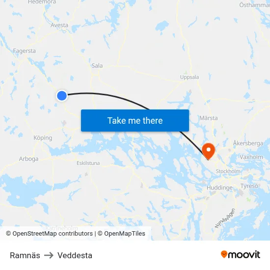 Ramnäs to Veddesta map