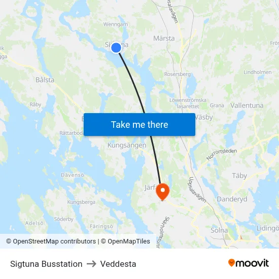 Sigtuna Busstation to Veddesta map