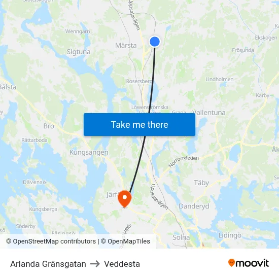 Arlanda Gränsgatan to Veddesta map