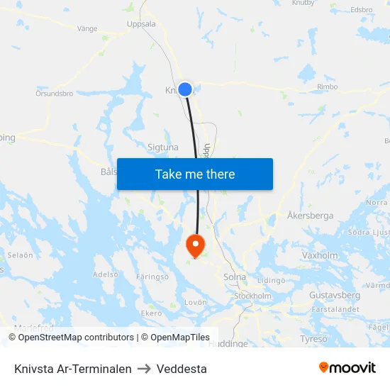 Knivsta Ar-Terminalen to Veddesta map