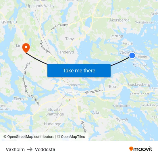 Vaxholm to Veddesta map