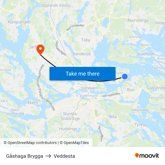 Gåshaga Brygga to Veddesta map