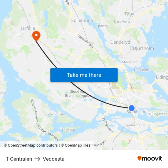 T-Centralen to Veddesta map