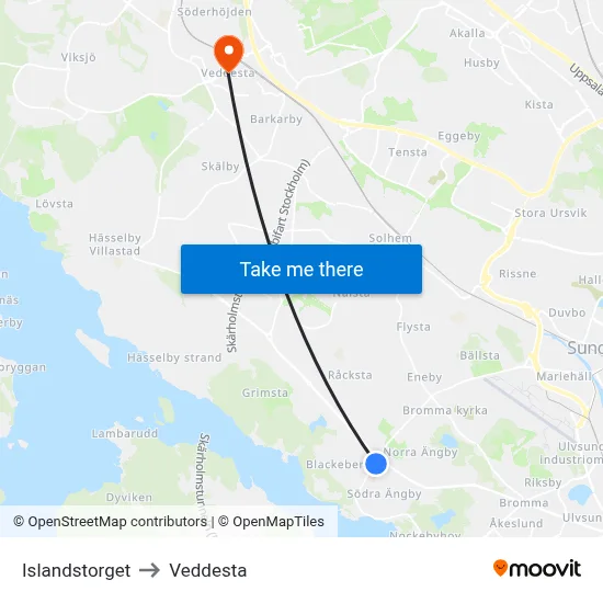 Islandstorget to Veddesta map