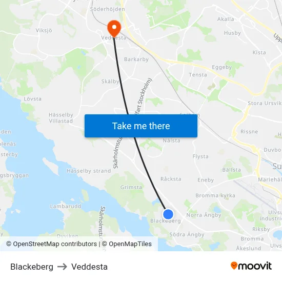 Blackeberg to Veddesta map