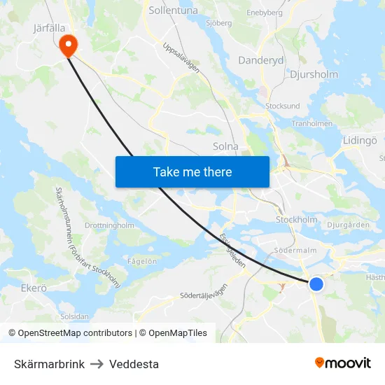 Skärmarbrink to Veddesta map
