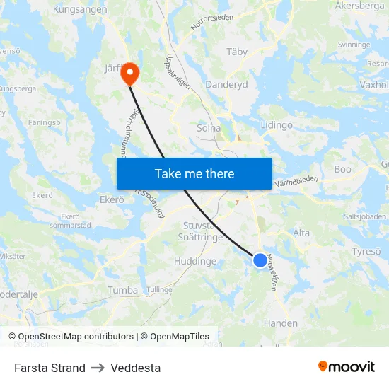 Farsta Strand to Veddesta map