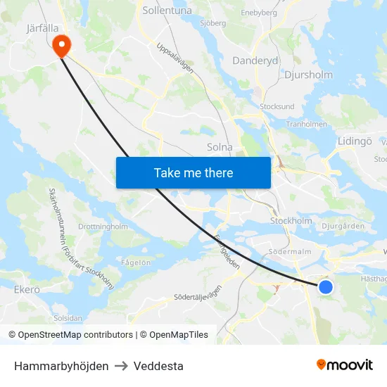 Hammarbyhöjden to Veddesta map