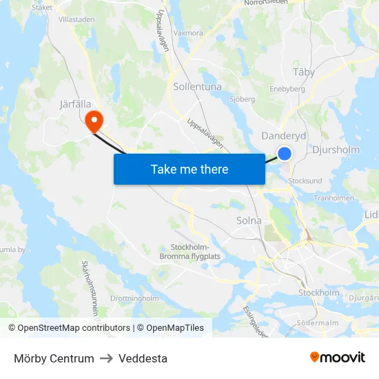 Mörby Centrum to Veddesta map