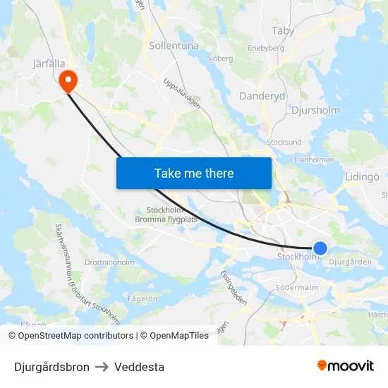 Djurgårdsbron to Veddesta map