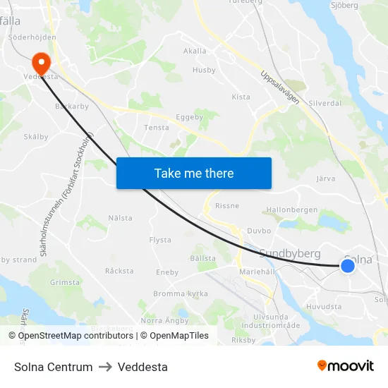 Solna Centrum to Veddesta map