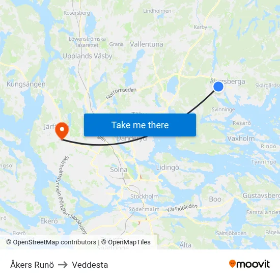 Åkers Runö to Veddesta map
