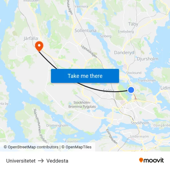 Universitetet to Veddesta map