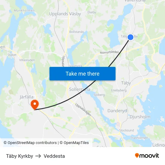 Täby Kyrkby to Veddesta map