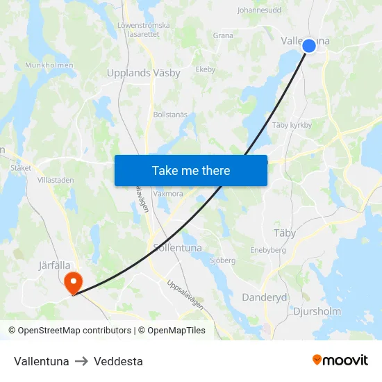 Vallentuna to Veddesta map