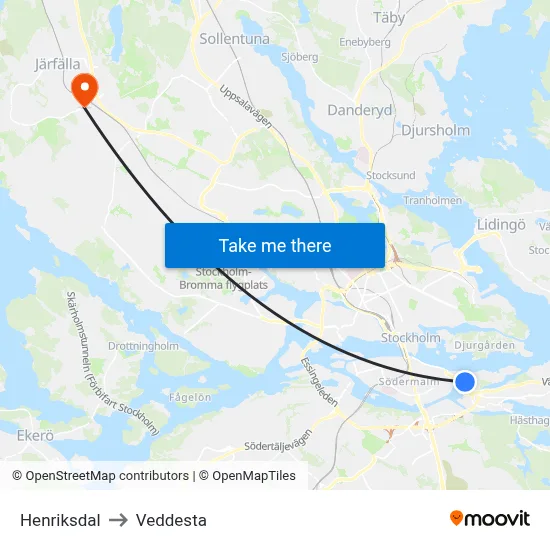Henriksdal to Veddesta map