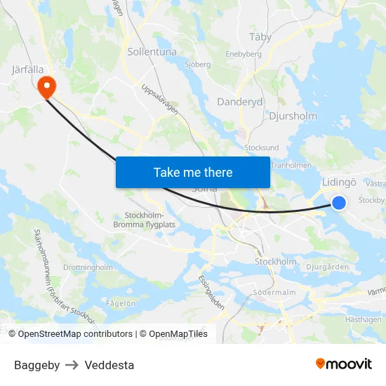 Baggeby to Veddesta map