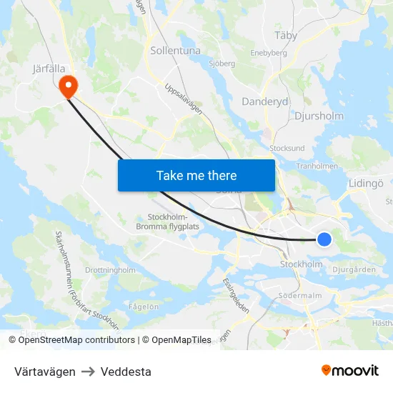 Värtavägen to Veddesta map
