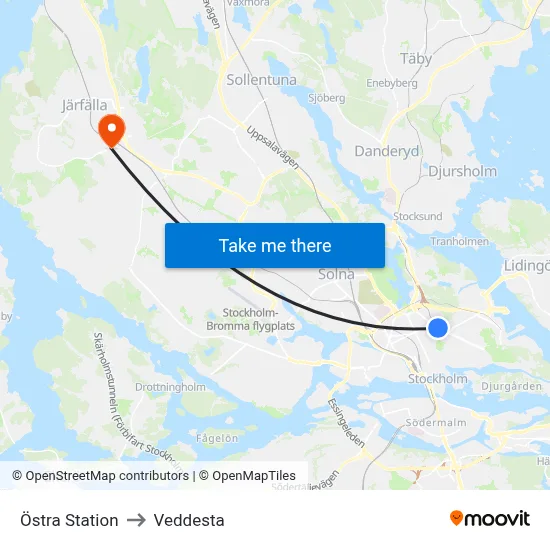 Östra Station to Veddesta map
